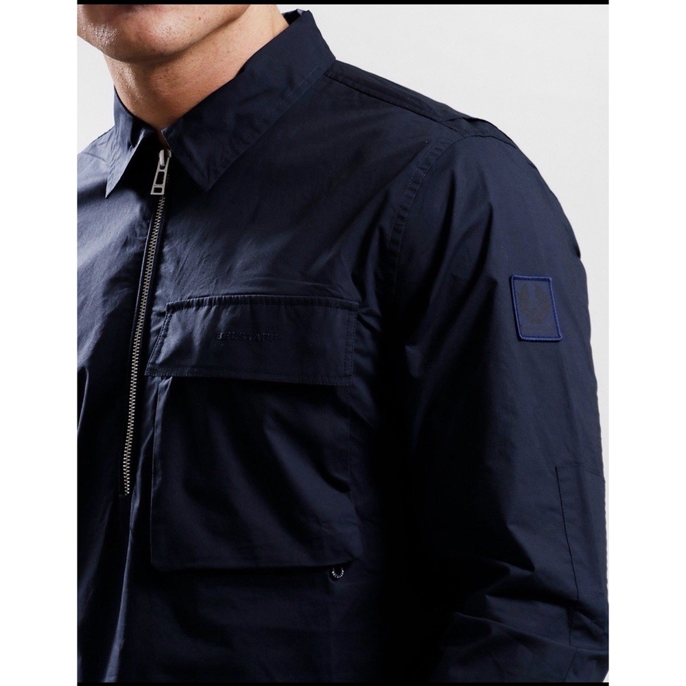 Belstaff 1/2 Zip Tack Shirt Mens IT 2XL US XL Dark Ink Navy Blue Poplin NWT